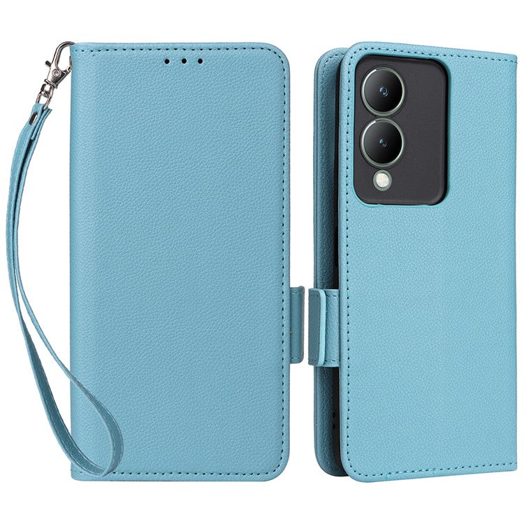 For vivo Y17s 4G / Y33t (2023) V2317A Case Mobile Phone Litchi Texture Leather Cover with Strap - Baby Blue