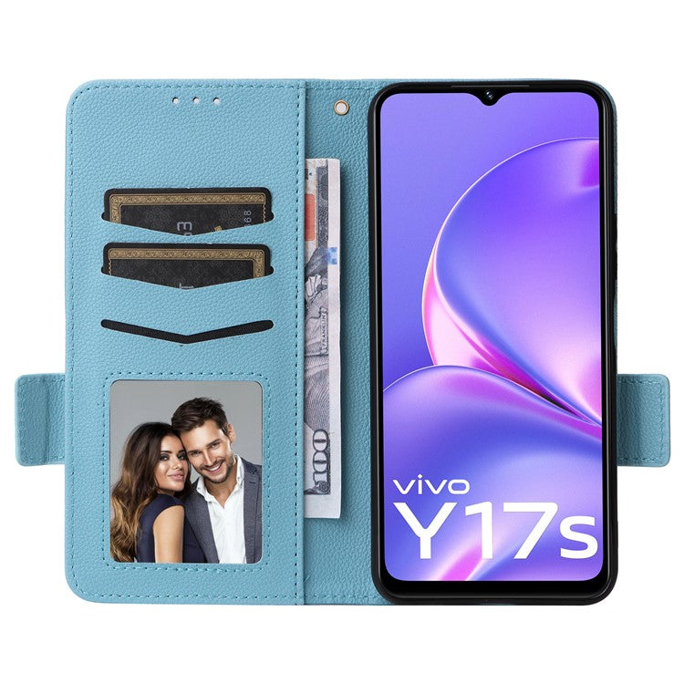 For vivo Y17s 4G / Y33t (2023) V2317A Case Mobile Phone Litchi Texture Leather Cover with Strap - Baby Blue