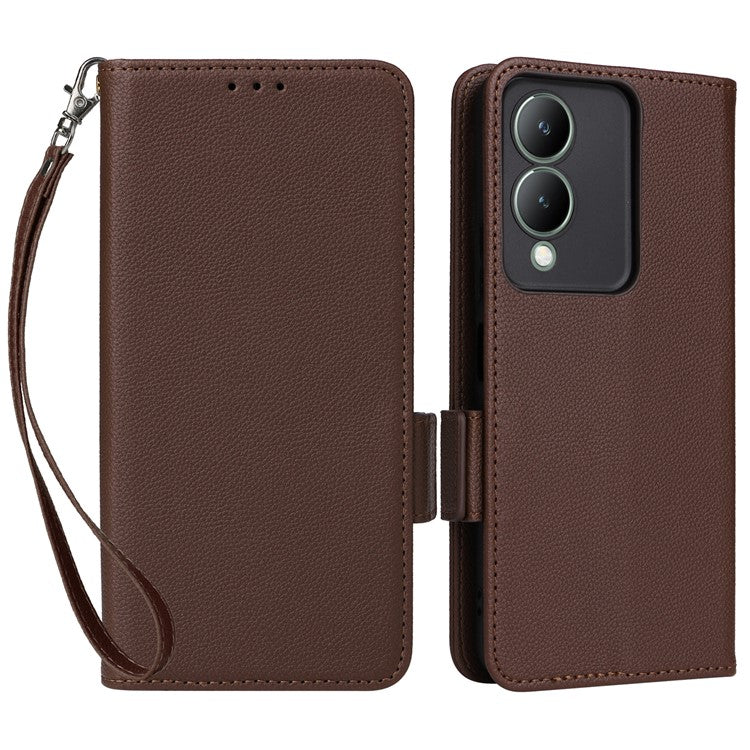 For vivo Y17s 4G / Y33t (2023) V2317A Case Mobile Phone Litchi Texture Leather Cover with Strap - Brown