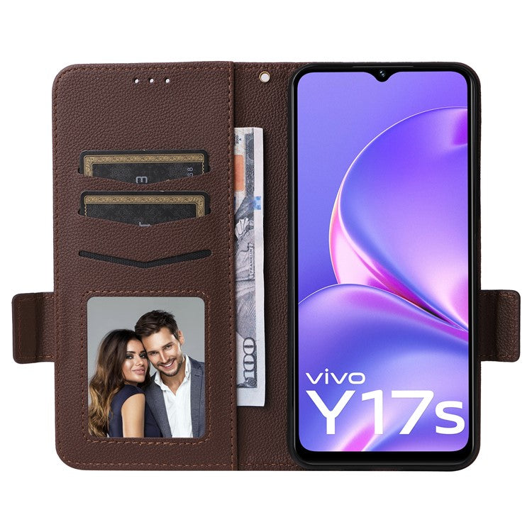 For vivo Y17s 4G / Y33t (2023) V2317A Case Mobile Phone Litchi Texture Leather Cover with Strap - Brown