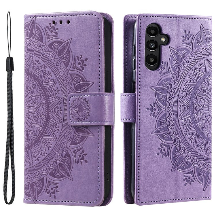 For Samsung Galaxy S24 Leather Case Mandala Flower Wallet Cover with Strap - Purple