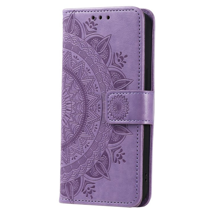 For Samsung Galaxy S24 Leather Case Mandala Flower Wallet Cover with Strap - Purple