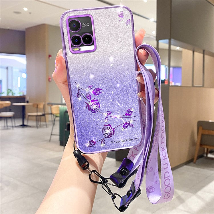 KADEM For vivo Y21 / Y21s / Y21a 4G / Y21e 4G / Y21t 4G / Y33s / Y33t 4G Case Flower Decor TPU Cover with Strap - Purple