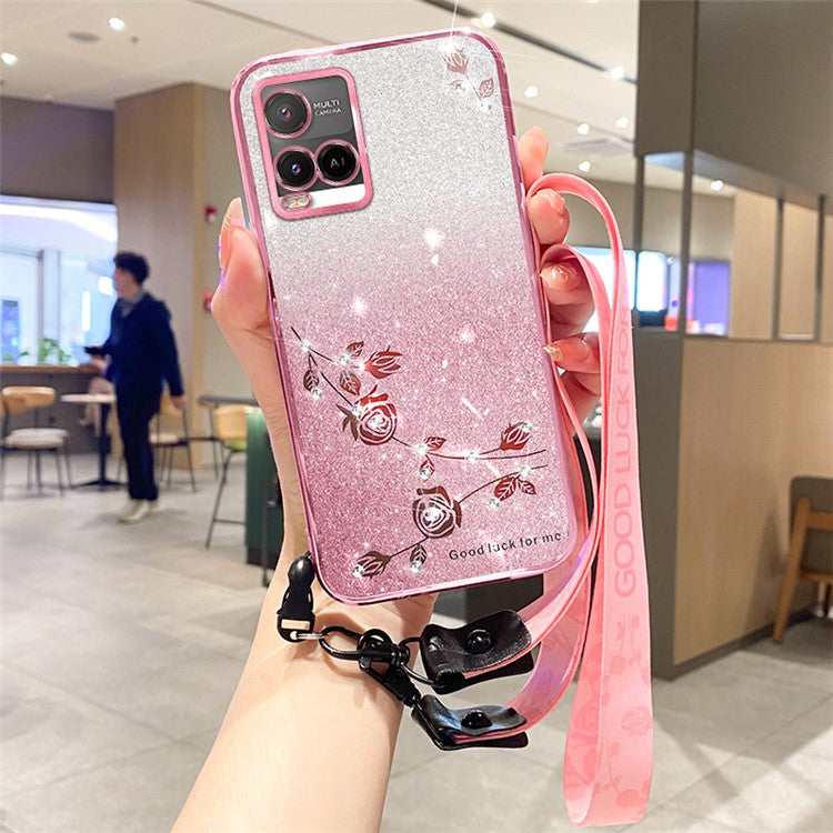 KADEM For vivo Y21 / Y21s / Y21a 4G / Y21e 4G / Y21t 4G / Y33s / Y33t 4G Case Flower Decor TPU Cover with Strap - Rose Gold