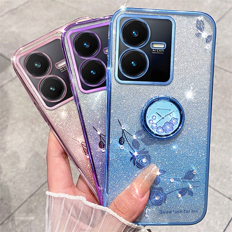 KADEM For vivo Y22 4G / Y22s 4G Case Rhinestone Decor Flower Pattern TPU Phone Cover - Blue