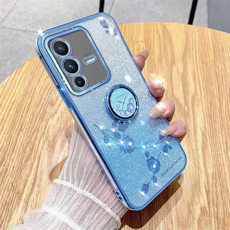 KADEM For vivo V23 5G / S12 Case Flower Pattern Shell Rhinestone Decor TPU Phone Cover - Blue