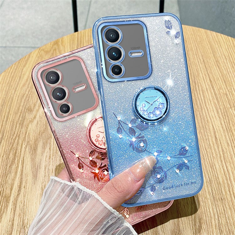 KADEM For vivo V23 5G / S12 Case Flower Pattern Shell Rhinestone Decor TPU Phone Cover - Blue