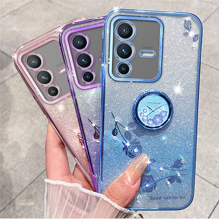 KADEM For vivo V23 5G / S12 Case Flower Pattern Shell Rhinestone Decor TPU Phone Cover - Blue