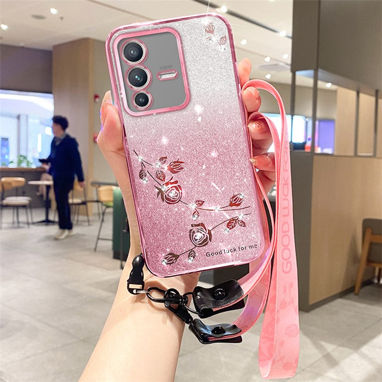 KADEM For vivo V23 Pro 5G / S12 Pro Case Glitter Powder TPU Phone Cover with Strap - Rose Gold