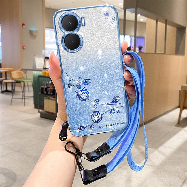 KADEM For vivo Y16 4G / Y56 5G / iQOO Z7i Case Rhinestone Decor TPU Phone Cover with Strap - Blue