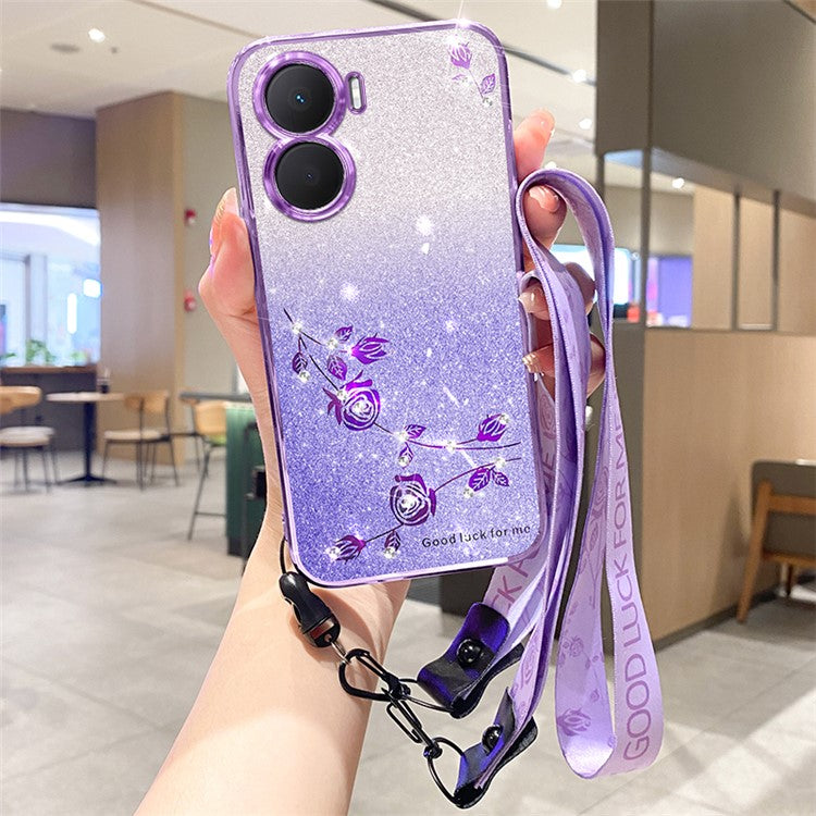 KADEM For vivo Y16 4G / Y56 5G / iQOO Z7i Case Rhinestone Decor TPU Phone Cover with Strap - Purple