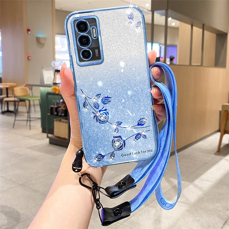 KADEM For vivo Y75 4G / S10e 5G / V23e 4G / 5G Case Glitter Flower TPU Phone Cover with Strap - Blue