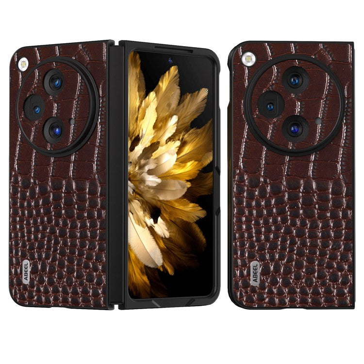 ABEEL For Oppo Find N3 5G Case Genuine Cow Leather Crocodile Texture Back Cover - Coffee