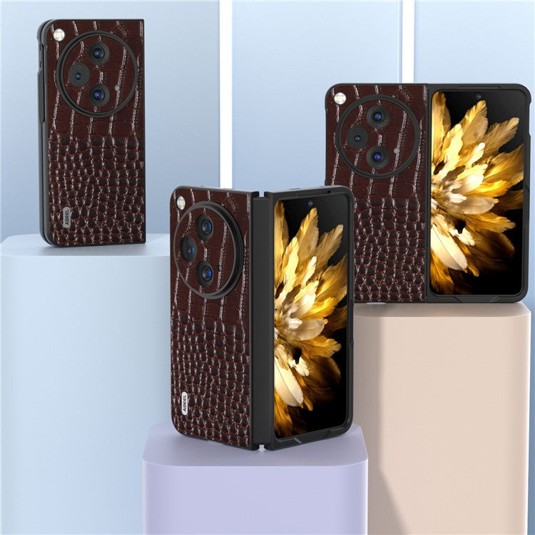 ABEEL For Oppo Find N3 5G Case Genuine Cow Leather Crocodile Texture Back Cover - Coffee