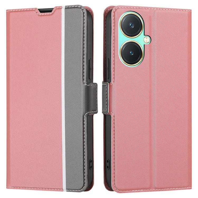 For vivo Y27 4G Case PU Leather Phone Shell Stand Twill Texture Phone Cover with Card Slot - Pink