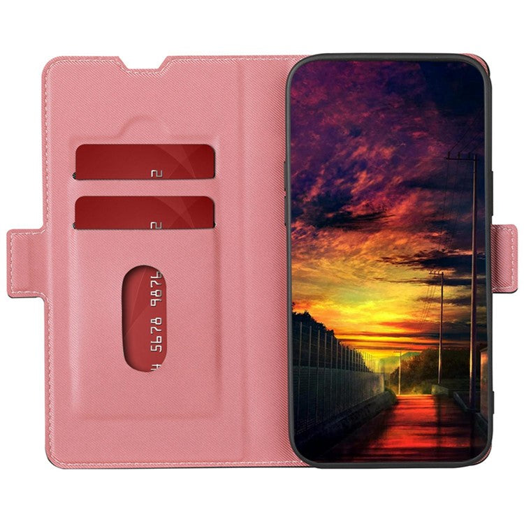 For vivo Y27 4G Case PU Leather Phone Shell Stand Twill Texture Phone Cover with Card Slot - Pink