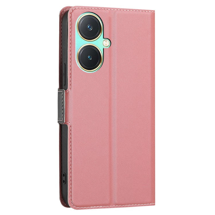 For vivo Y27 4G Case PU Leather Phone Shell Stand Twill Texture Phone Cover with Card Slot - Pink