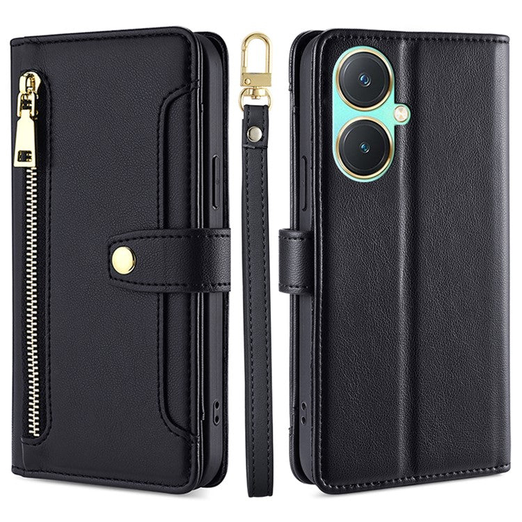 For vivo Y27 4G Case Leather Wallet Stand Magnetic Clasp Phone Cover with 2 Straps - Black