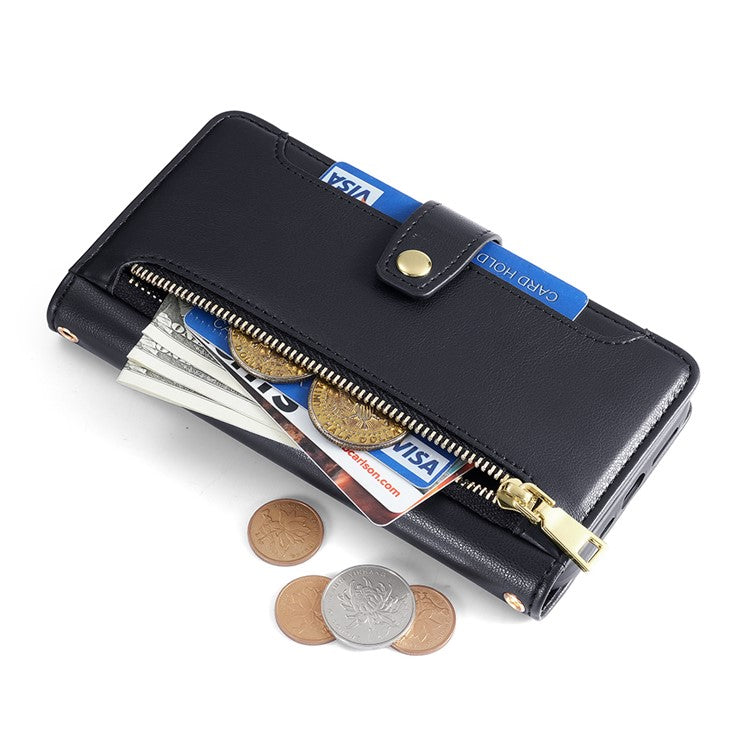 For vivo Y27 4G Case Leather Wallet Stand Magnetic Clasp Phone Cover with 2 Straps - Black