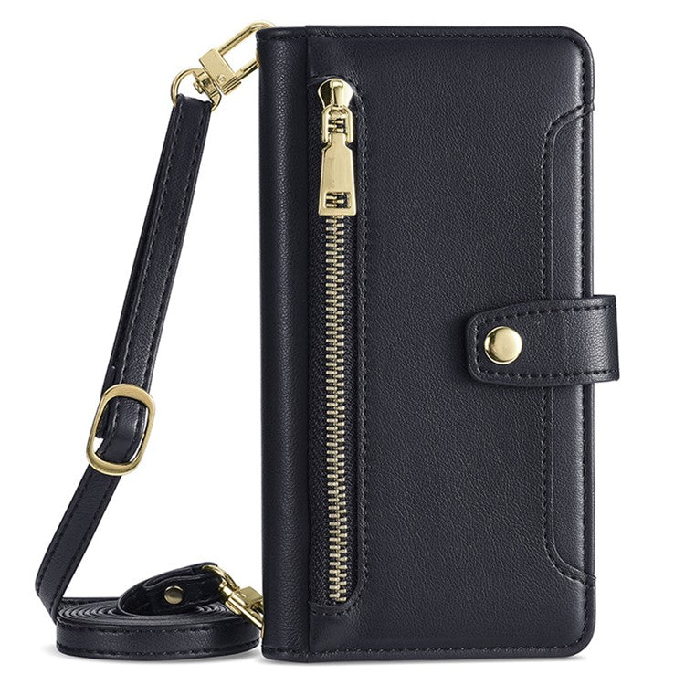 For vivo Y27 4G Case Leather Wallet Stand Magnetic Clasp Phone Cover with 2 Straps - Black