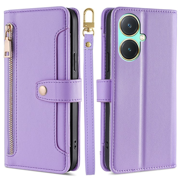 For vivo Y27 4G Case Leather Wallet Stand Magnetic Clasp Phone Cover with 2 Straps - Purple