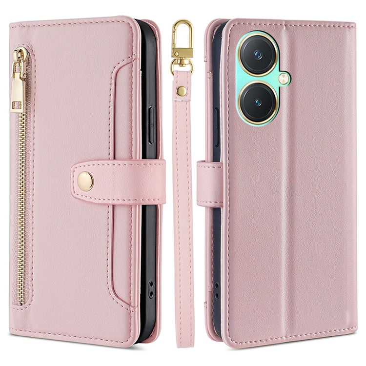 For vivo Y27 4G Case Leather Wallet Stand Magnetic Clasp Phone Cover with 2 Straps - Pink