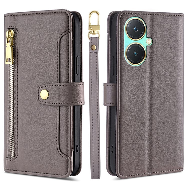 For vivo Y27 4G Case Leather Wallet Stand Magnetic Clasp Phone Cover with 2 Straps - Grey