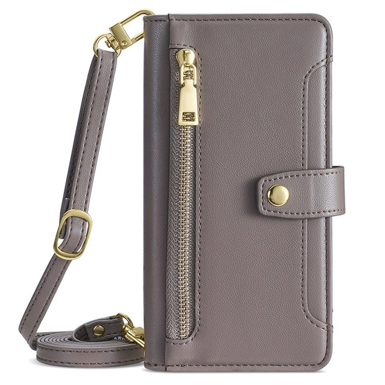 For vivo Y27 4G Case Leather Wallet Stand Magnetic Clasp Phone Cover with 2 Straps - Grey