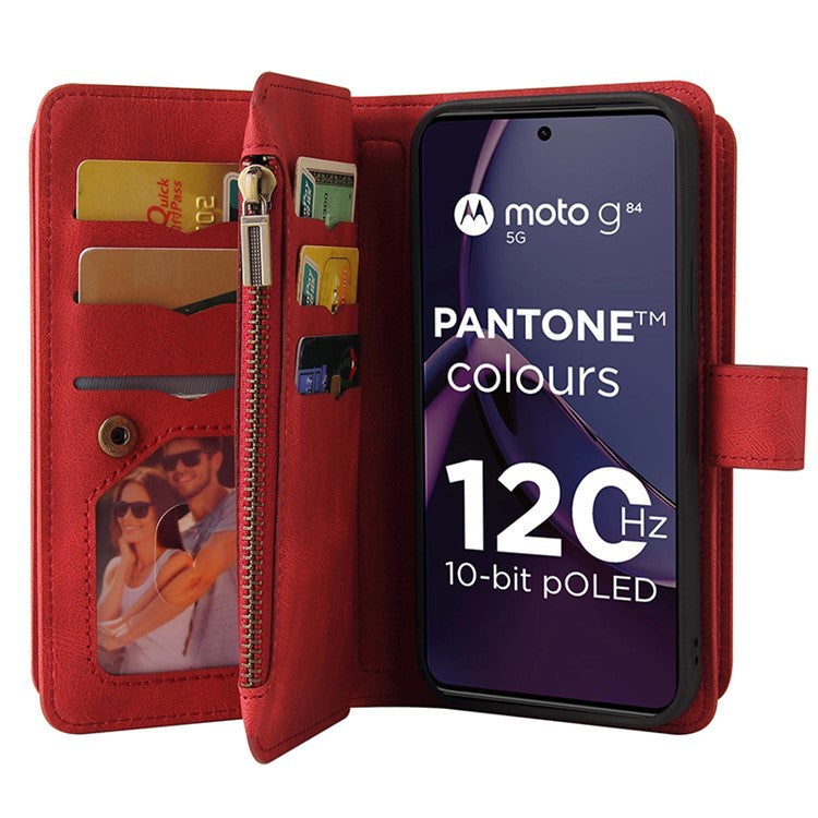 KT Multi-Functional Series-2 For Motorola Moto G84 5G Phone Cover Case Zipper Pocket Leather Wallet - Red