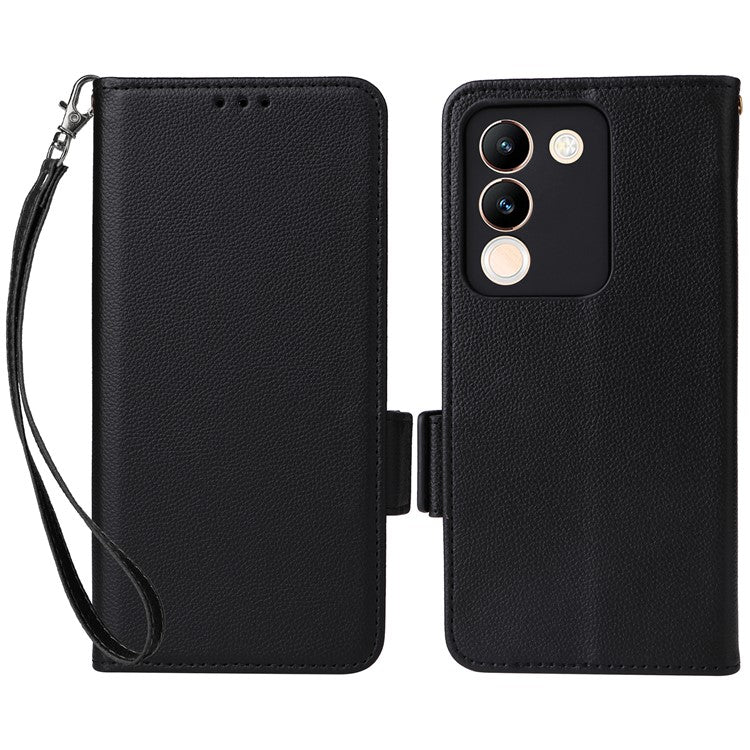 For vivo V29e (Global) 5G / Y200 (India) 5G Case PU Leather Wallet Litchi Texture Phone Cover with Strap - Black