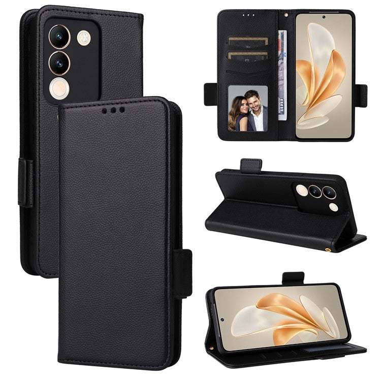 For vivo V29e (Global) 5G / Y200 (India) 5G Case PU Leather Wallet Litchi Texture Phone Cover with Strap - Black