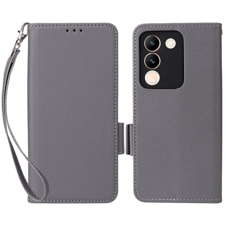 For vivo V29e (Global) 5G / Y200 (India) 5G Case PU Leather Wallet Litchi Texture Phone Cover with Strap - Grey