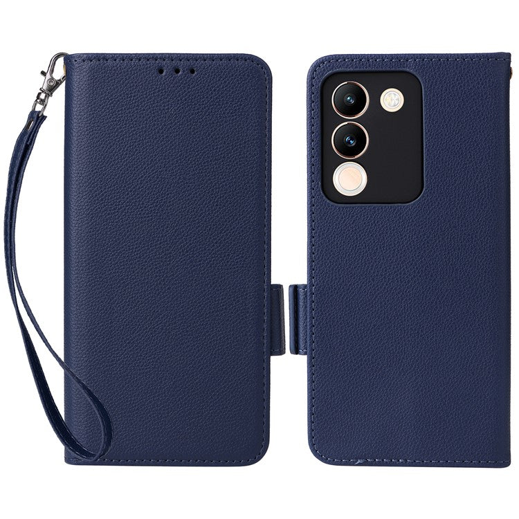 For vivo V29e (Global) 5G / Y200 (India) 5G Case PU Leather Wallet Litchi Texture Phone Cover with Strap - Dark Blue