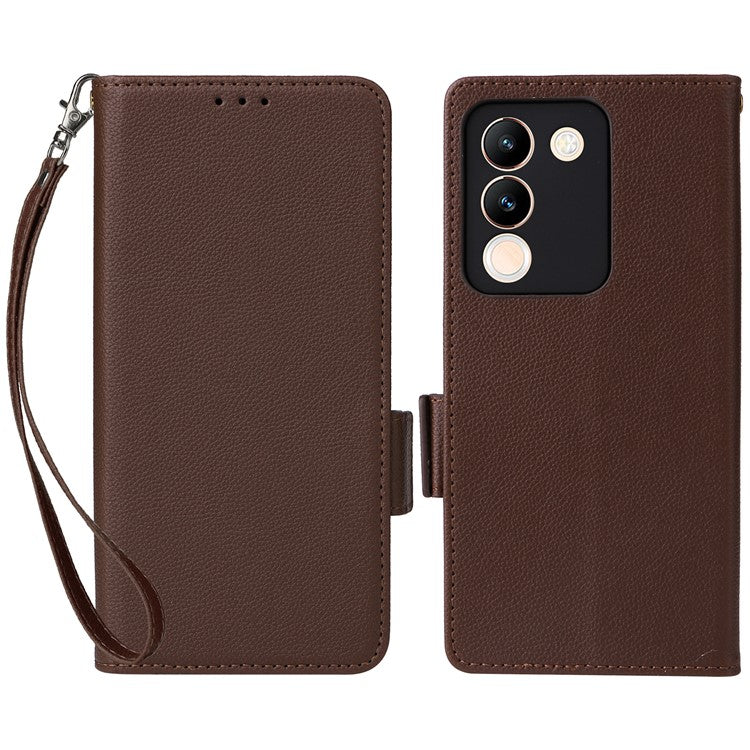 For vivo V29e (Global) 5G / Y200 (India) 5G Case PU Leather Wallet Litchi Texture Phone Cover with Strap - Brown