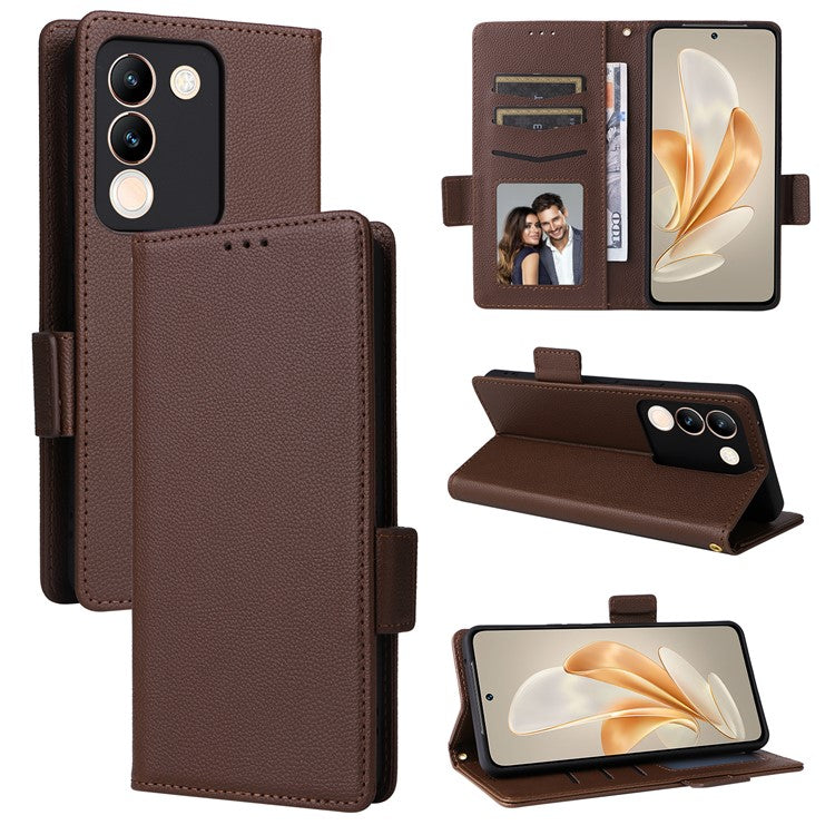 For vivo V29e (Global) 5G / Y200 (India) 5G Case PU Leather Wallet Litchi Texture Phone Cover with Strap - Brown