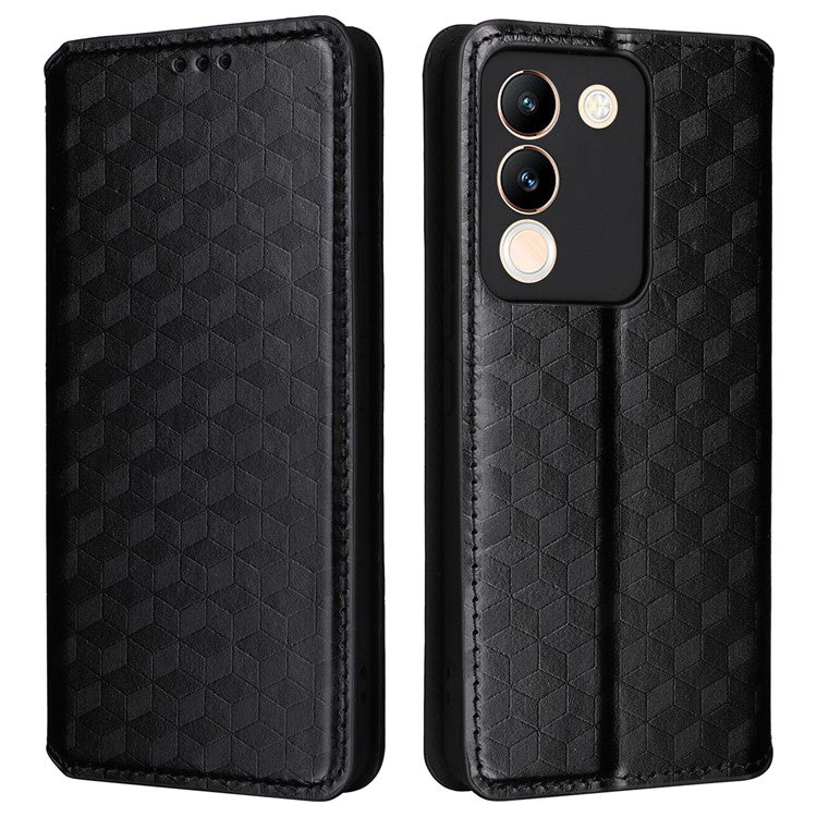 For vivo V29e (Global) 5G / Y200 (India) 5G Case Rhombus Imprinted Phone Cover with Wallet Stand - Black