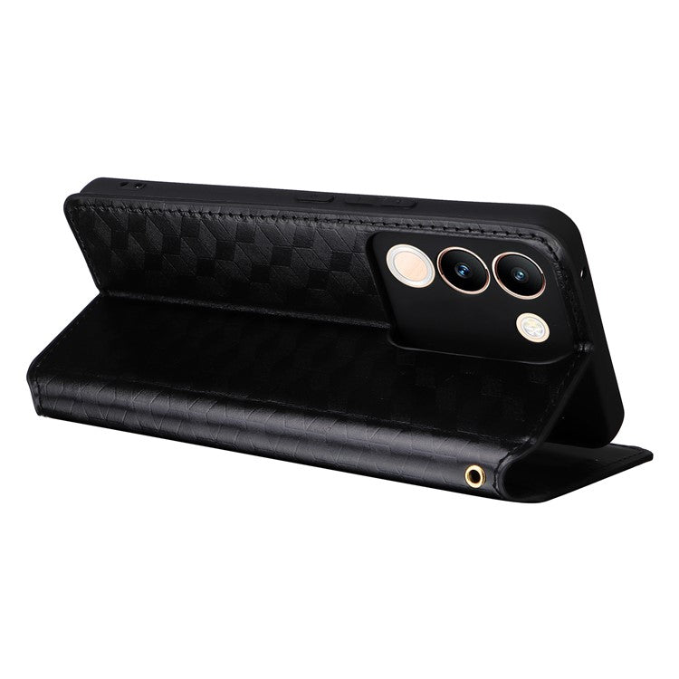 For vivo V29e (Global) 5G / Y200 (India) 5G Case Rhombus Imprinted Phone Cover with Wallet Stand - Black