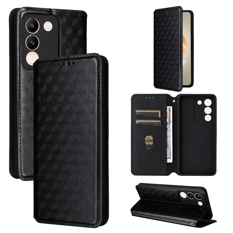 For vivo V29e (Global) 5G / Y200 (India) 5G Case Rhombus Imprinted Phone Cover with Wallet Stand - Black