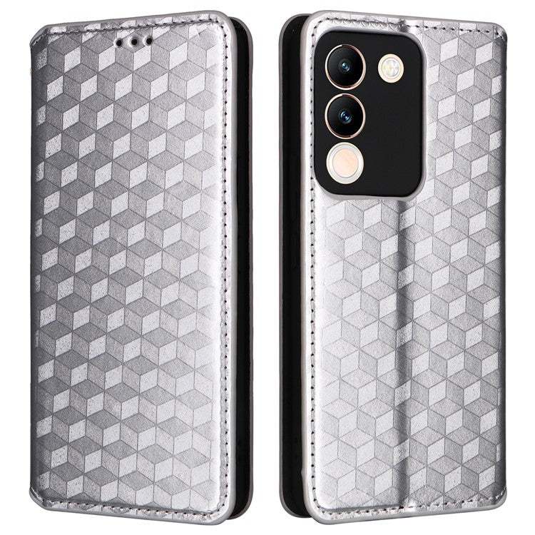 For vivo V29e (Global) 5G / Y200 (India) 5G Case Rhombus Imprinted Phone Cover with Wallet Stand - Silver