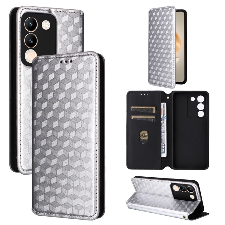 For vivo V29e (Global) 5G / Y200 (India) 5G Case Rhombus Imprinted Phone Cover with Wallet Stand - Silver