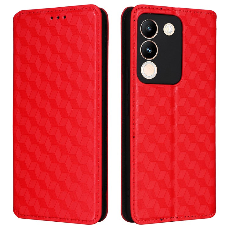 For vivo V29e (Global) 5G / Y200 (India) 5G Case Rhombus Imprinted Phone Cover with Wallet Stand - Red