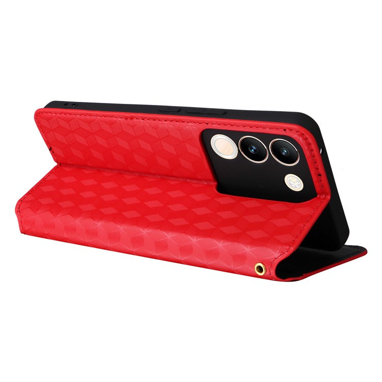 For vivo V29e (Global) 5G / Y200 (India) 5G Case Rhombus Imprinted Phone Cover with Wallet Stand - Red