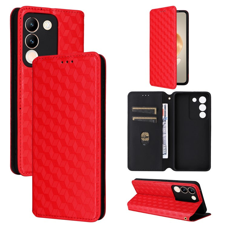 For vivo V29e (Global) 5G / Y200 (India) 5G Case Rhombus Imprinted Phone Cover with Wallet Stand - Red