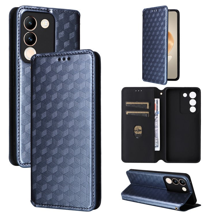 For vivo V29e (Global) 5G / Y200 (India) 5G Case Rhombus Imprinted Phone Cover with Wallet Stand - Blue