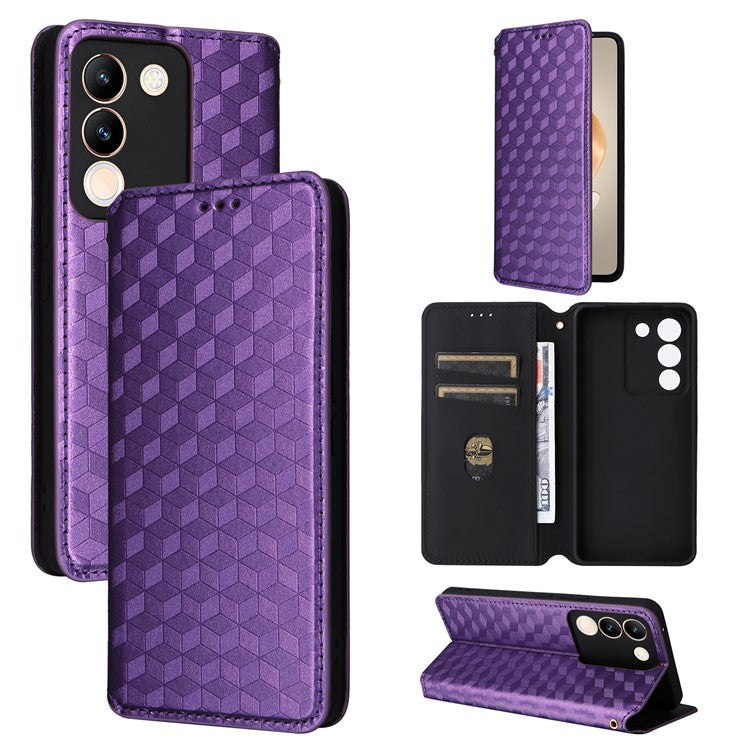 For vivo V29e (Global) 5G / Y200 (India) 5G Case Rhombus Imprinted Phone Cover with Wallet Stand - Purple