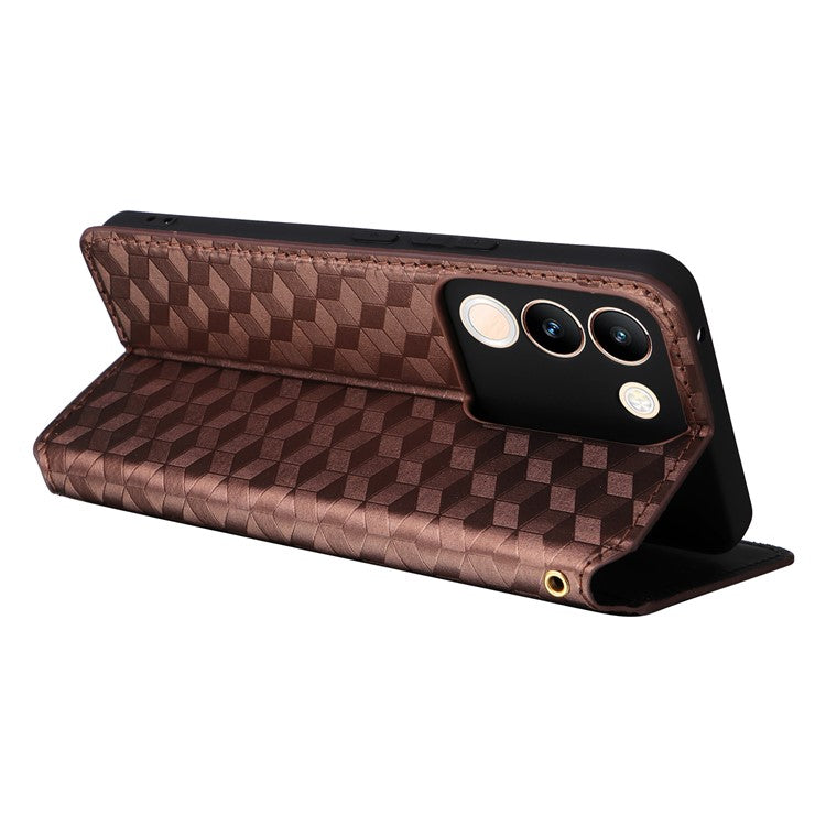 For vivo V29e (Global) 5G / Y200 (India) 5G Case Rhombus Imprinted Phone Cover with Wallet Stand - Brown