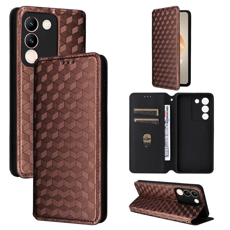 For vivo V29e (Global) 5G / Y200 (India) 5G Case Rhombus Imprinted Phone Cover with Wallet Stand - Brown