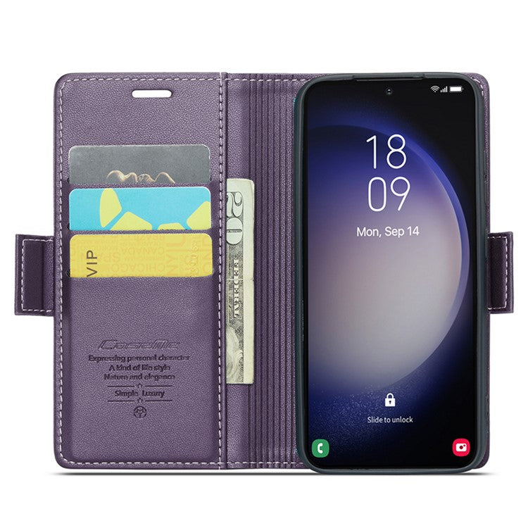 CASEME 023 Series For Samsung Galaxy S24 Case PU Leather RFID Blocking Smart Phone Protector - Purple