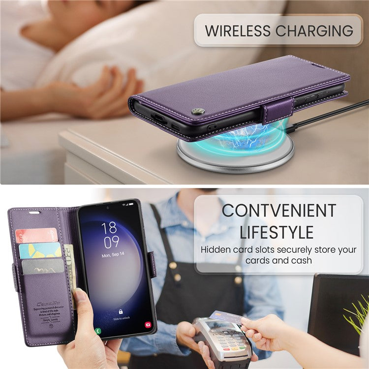 CASEME 023 Series For Samsung Galaxy S24 Case PU Leather RFID Blocking Smart Phone Protector - Purple