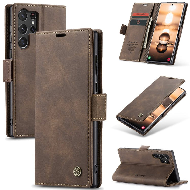 CASEME 013 Series For Samsung Galaxy S24 Ultra Phone Case Anti-fall PU Leather Folio Stand Cover - Coffee